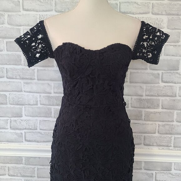 J.O.A. Off the Shoulder Black Lace Midi Dress LBD Whimsigoth Classic NEW Small - Picture 2 of 10